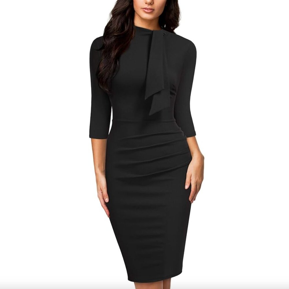 Miusol Black 3/4 Sleeve Dress with Neck Tie